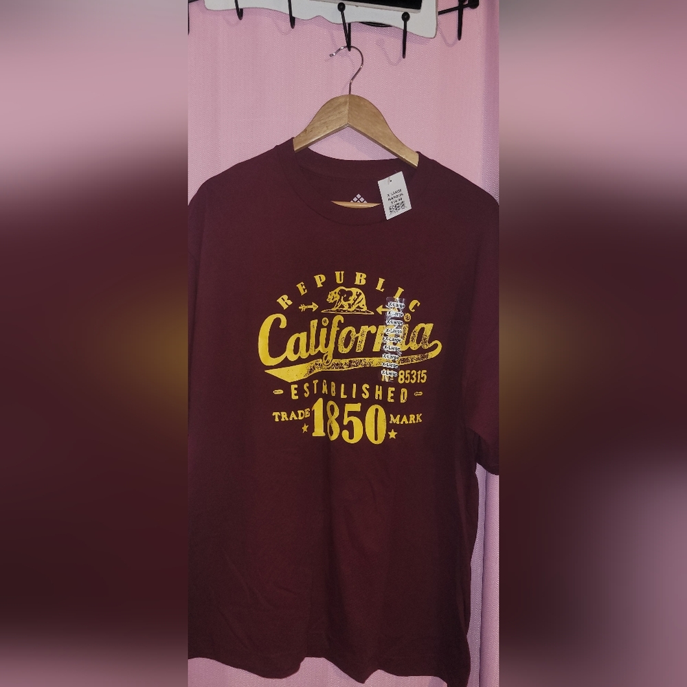 NWT Unisex Maroon Yellow California Republic Bear 1850 Shirt Size XL